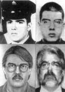 William White Graham in photos in his youth (upper right and left), fugitive update by KTT (lower left), and actual appearance at age 38, with premature gray hair and beard