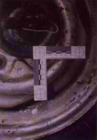 Medium-velocity impact blood spatter and blood smears were found on the spare tire in the Mathison van