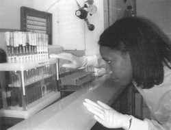 A toxicology scientist uses a solid phase extraction apparatus to isolate drugs from blood or urine in preparation for confirmatory testing